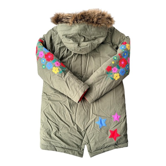 Mini Boden Girls‎ Embroidered Parka Coat Faux Fur Hood Fleece Lined 11-12Y - Picture 6 of 9